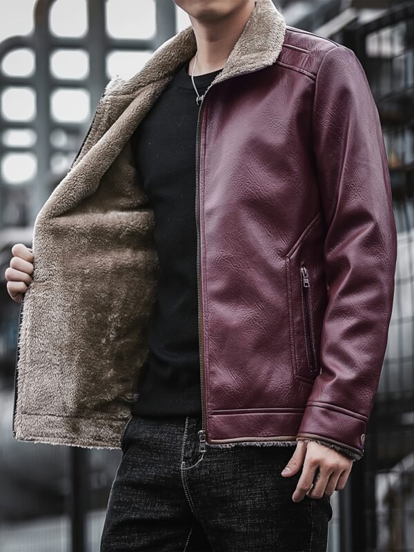 Men's Casual Warm Fleece Lined PU Leather Jacket - Image 3
