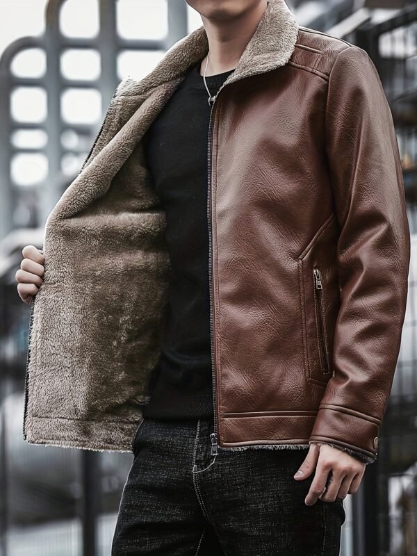 Men's Casual Warm Fleece Lined PU Leather Jacket - Image 2